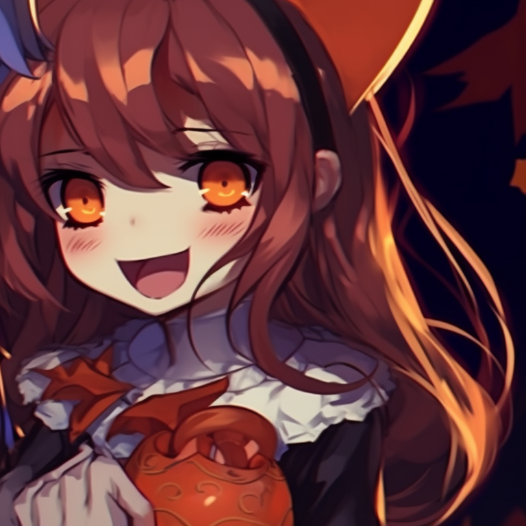 Two characters in witch costumes, detailed patterns and rich colors, broomsticks at their sides. best matching anime couple pfp halloween theme images pfp for discord.