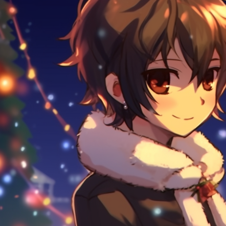 Characters in a wintry landscape, embracing with a soft orange sunset behind them. inspiring orange matching pfp for christmas pfp for discord.