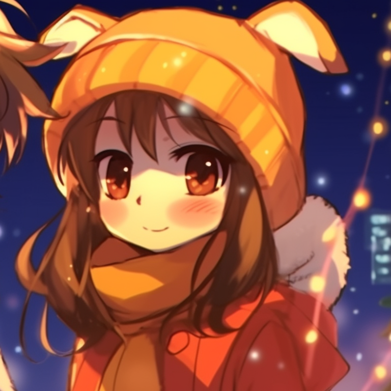 Characters in a wintry landscape, embracing with a soft orange sunset behind them. inspiring orange matching pfp for christmas pfp for discord.