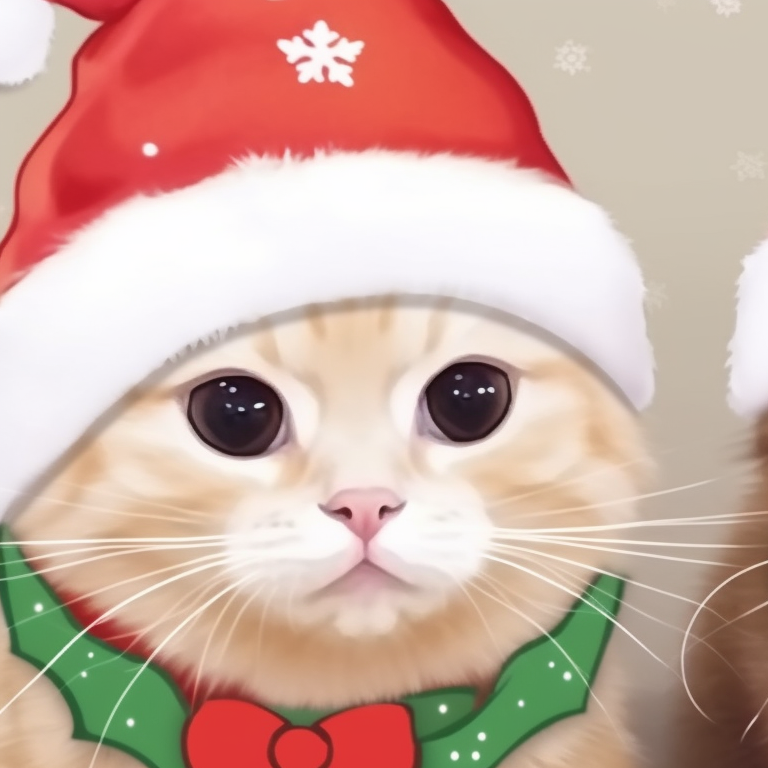 Two cats depicted wearing Santa hats with their tails intertwined, against a holly and mistletoe adorned background, realized in vibrant hues. adorable matching cat pfp christmas visuals pfp for discord.