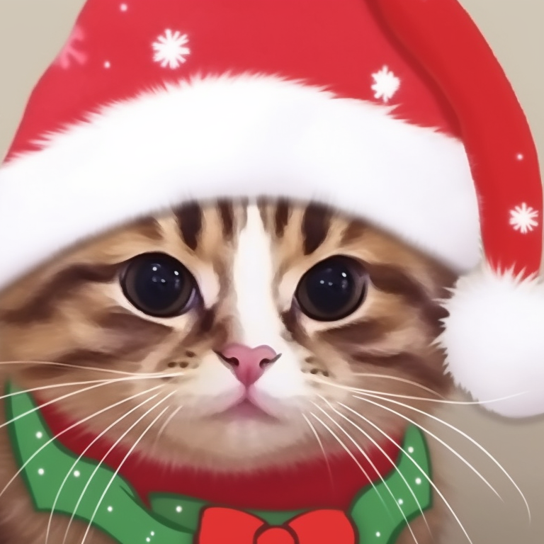 Two cats depicted wearing Santa hats with their tails intertwined, against a holly and mistletoe adorned background, realized in vibrant hues. adorable matching cat pfp christmas visuals pfp for discord.