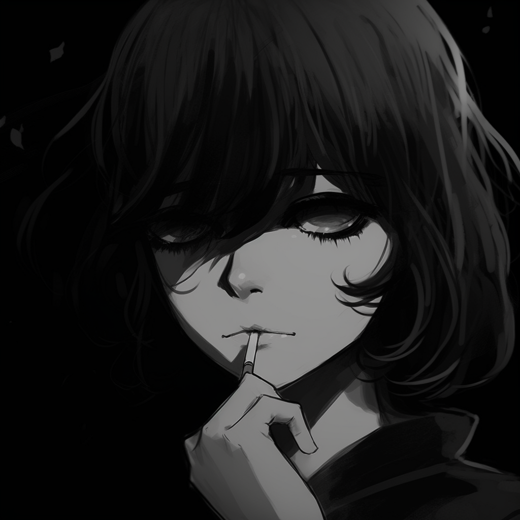 Blend of gothic and anime art styles in a female avatar, intricate details in grayscale. anime pfp dark aesthetic for females pfp for discord.