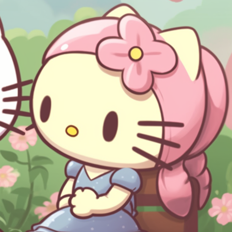 Hello Kitty characters under a rainbow, soft pastel colors with cute and kawaii style. aesthetic hello kitty pfp matching pfp for discord.