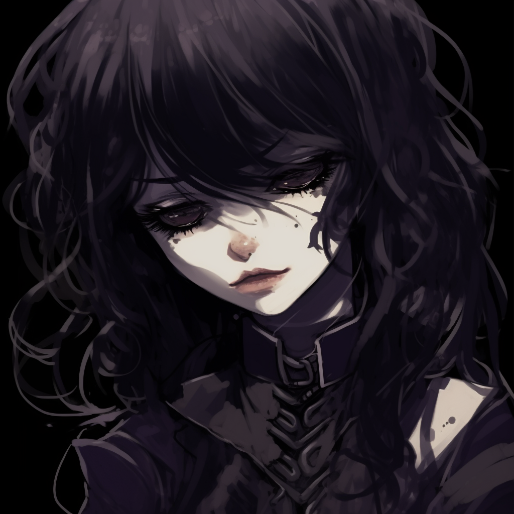 A goth anime girl with unassuming expressions, dark color palettes with heavy use of blacks and purples. pfp concepts: goth anime pfp for discord.