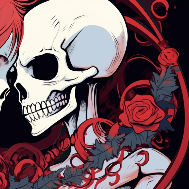 Two lovers, snowy textures and cold hues, intimately interlocking their skeletal fingers as they share a ghostly kiss. bone love - matching christmas pfp of skeletons kissing pfp for discord.