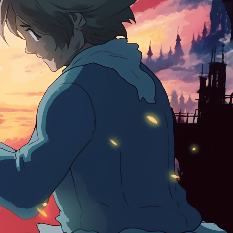 Howl's castle under a moonlit sky, characteristically spooky background with careful attention to detailing. howl's castle halloween themed pfp collections pfp for discord.