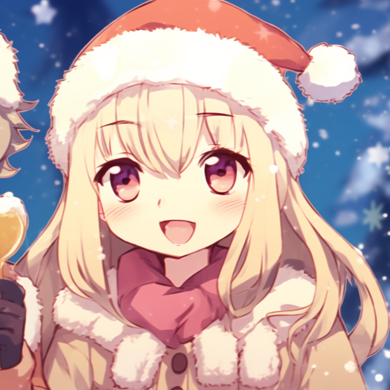 Two characters embracing each other tightly, chilly night backdrop and warm tones, wearing knitted scarves. whimsical matching gif christmas pfp pfp for discord.