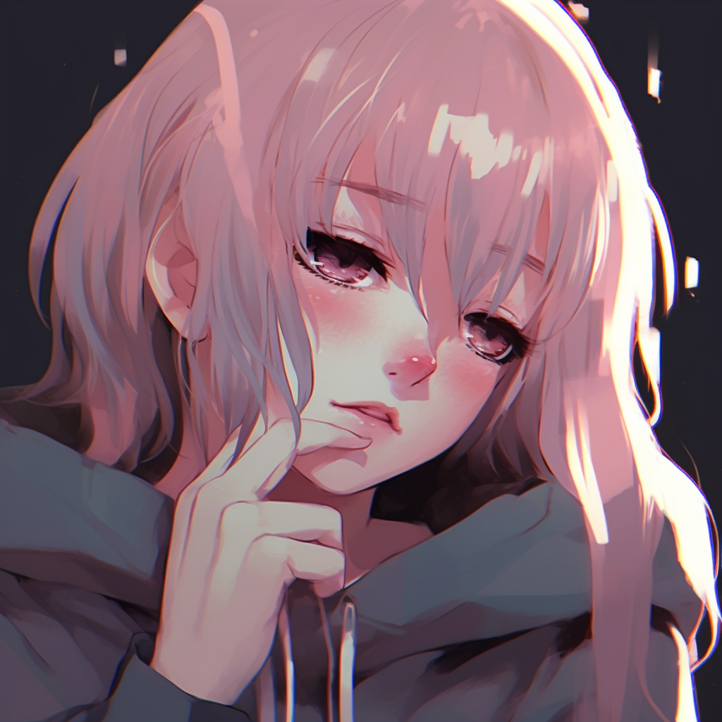 Profile shot of the anime girl emphasizing on her facial features, elaborately shaded hair and subdued hues. aesthetic anime girl with sad pfp