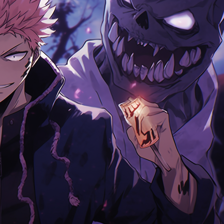 Two characters, both in dark costumes, wielding magical energy, with a mysterious and looming pumpkin in the background. matching pfp jujutsu kaisen halloween ideas pfp for discord.
