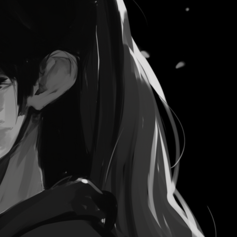 Two characters in an evocative setting, smooth gradient between black and white, twilight backdrop. black and white matching pfp ideas pfp for discord.