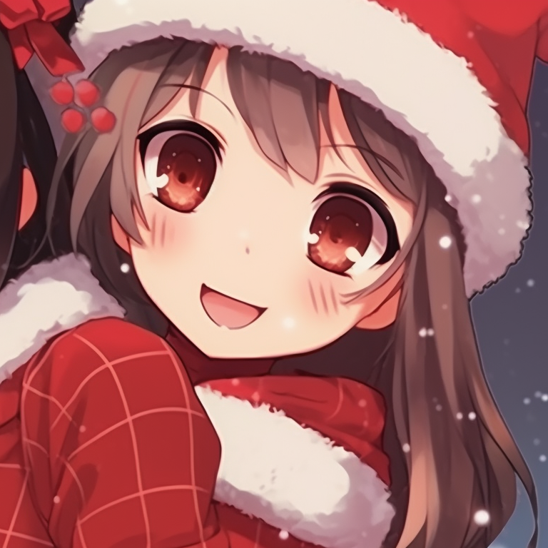 Two characters, one holding a sack of gifts and the other is surprised, detailed with bright Christmas lights background and rich colors. favorite matching christmas anime girl pfp pfp for discord.