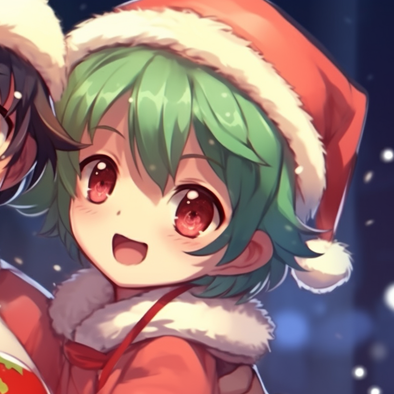 Two characters exchanging gifts, bold lines and festive colors, joyous expressions. adorable boys and girls matching christmas pfp pfp for discord.