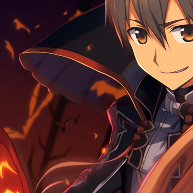 Kirito and Asuna under a full moon, sharp details with an emphasis on their curious expressions. halloween version pfp matching of kirito and asuna pfp for discord.