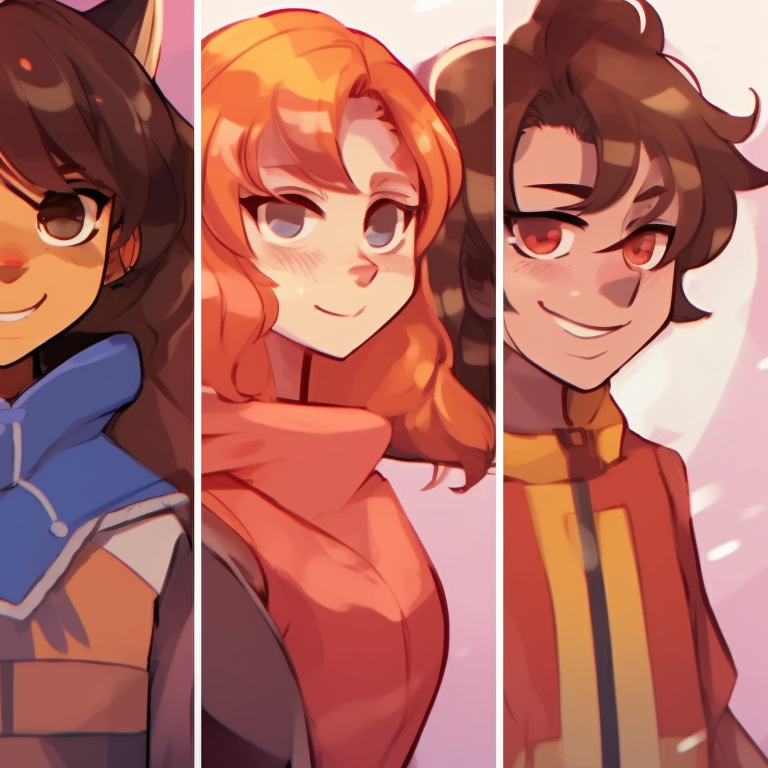 Four characters, vibrant hues and excited expressions, ready for an adventure. creative matching pfp for 4 friends pfp for discord.