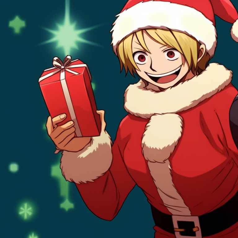 Sanji characters in matching outfits, their chef attire detailed with Christmas themes, surrounded by a bustling kitchen. matching sanji christmas pfp one piece variations pfp for discord.