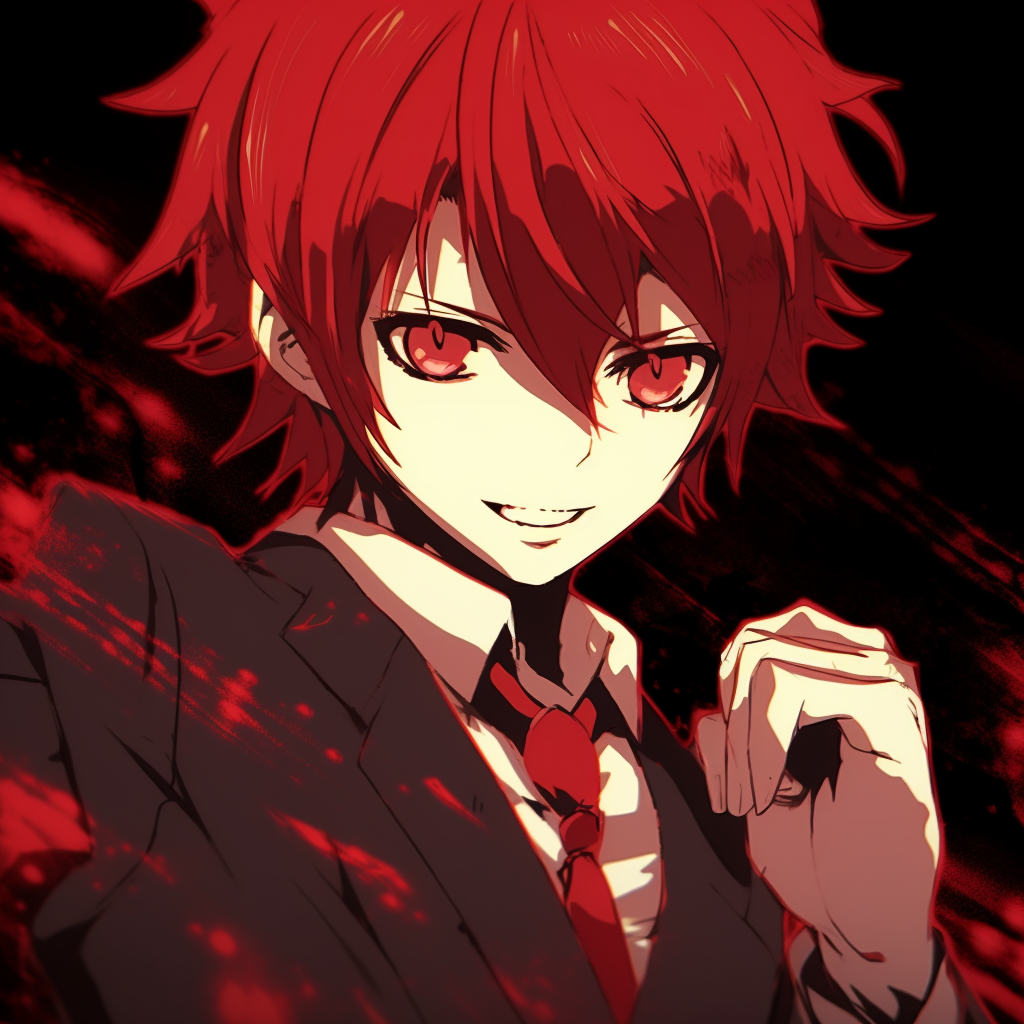Karma Akabane, the prominent student of Class 3-E, drawn in distinctive anime style. red anime pfp for boys