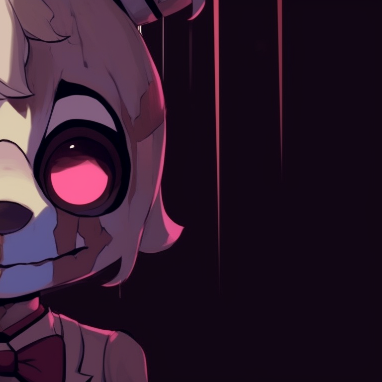 Two characters with a mix of realism and cartoon style, eerie aura, contrasting dark and light colors. awesome fnaf pfps to match pfp for discord.