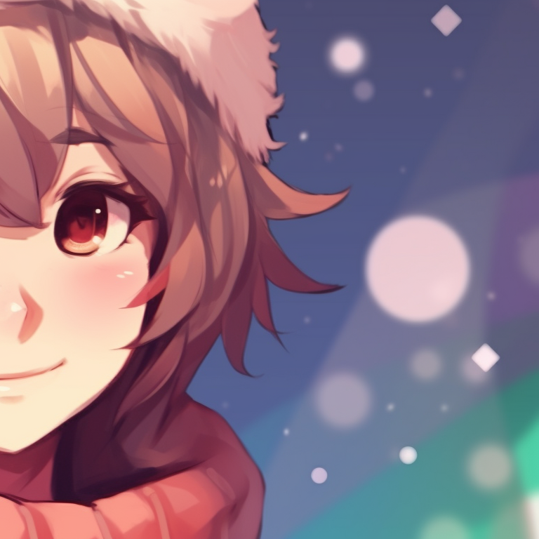 Two characters in a snowy landscape, with soft illumination and festive clothes. stylish matching aesthetic pfp for christmas pfp for discord.