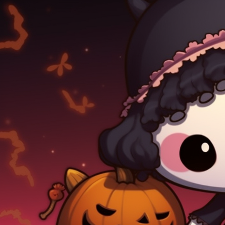 Two Halloween themed Hello Kitty characters, vividly spooky detailing and intense colors. hallo-kitty matching profile pics pfp for discord.