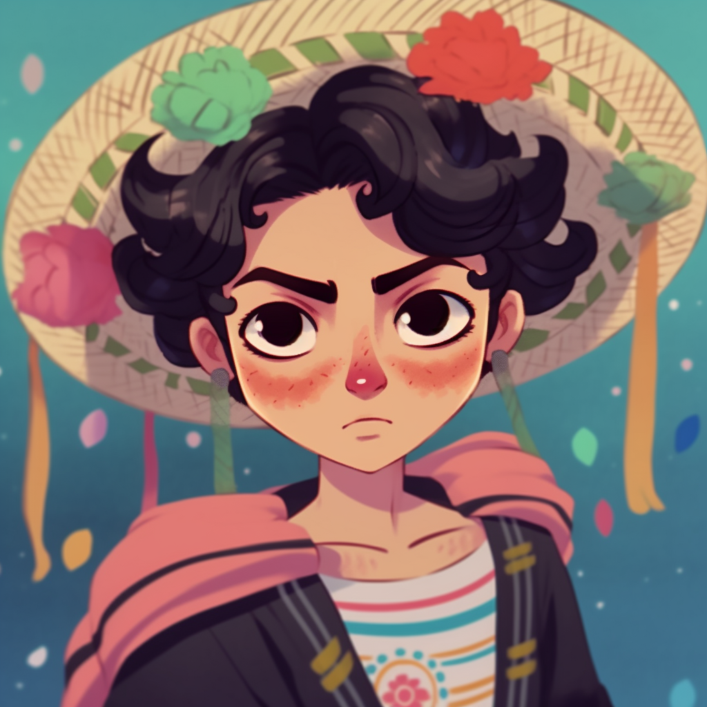 Frida Kahlo interpreted as a shoujo character, pastel colors and soft shading. mexican anime pfp arts pfp for discord.