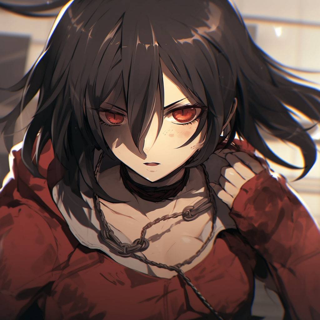 Focused close-up shot of Mikasa, highlighting her character traits through fine details. popular good anime pfp