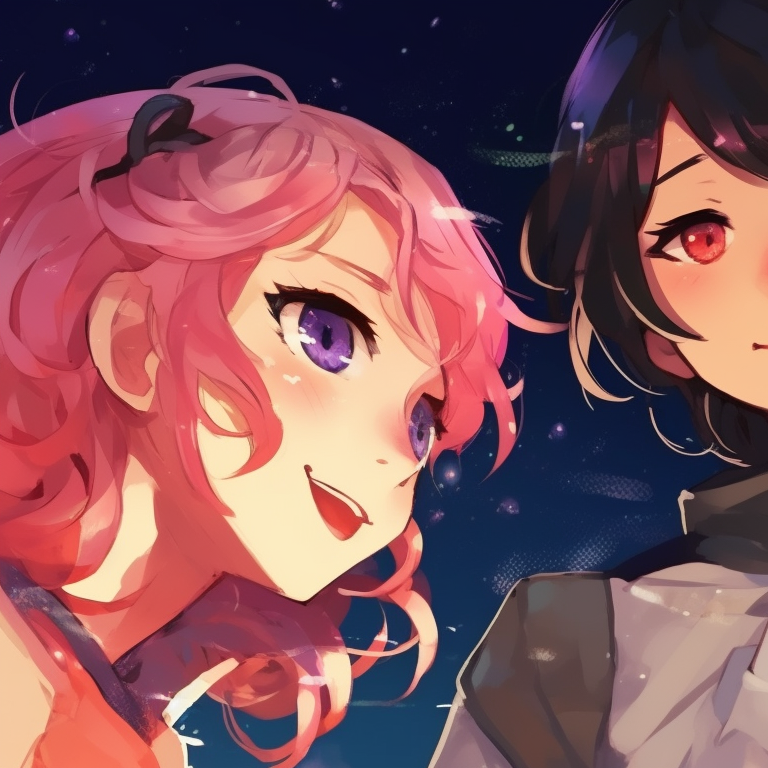 Four characters, striking poses, surrounded by mist and intriguing expressions. girly matching pfp for 4 friends pfp for discord.