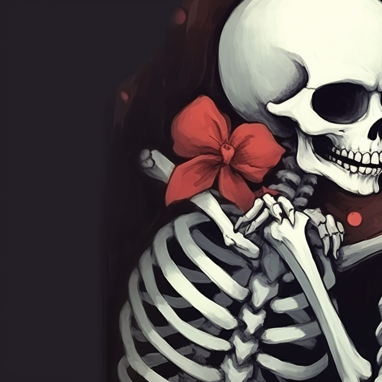 Two skeleton characters, festive outfits and mistletoe above, sharing a romantic moment. cute pfps of kissing skeletons - christmas edition pfp for discord.