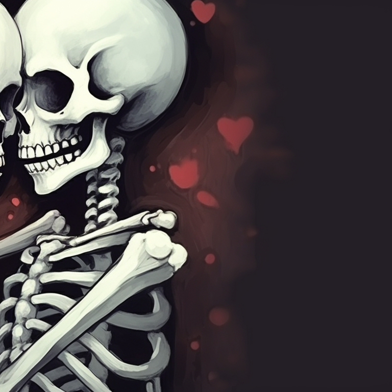 Two skeleton characters, festive outfits and mistletoe above, sharing a romantic moment. cute pfps of kissing skeletons - christmas edition pfp for discord.
