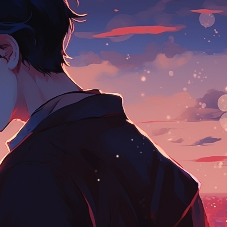 Two characters in a twilight setting, cool blues and purples, sharing an intimate conversation. romantic anime couples matching pfp pfp for discord.