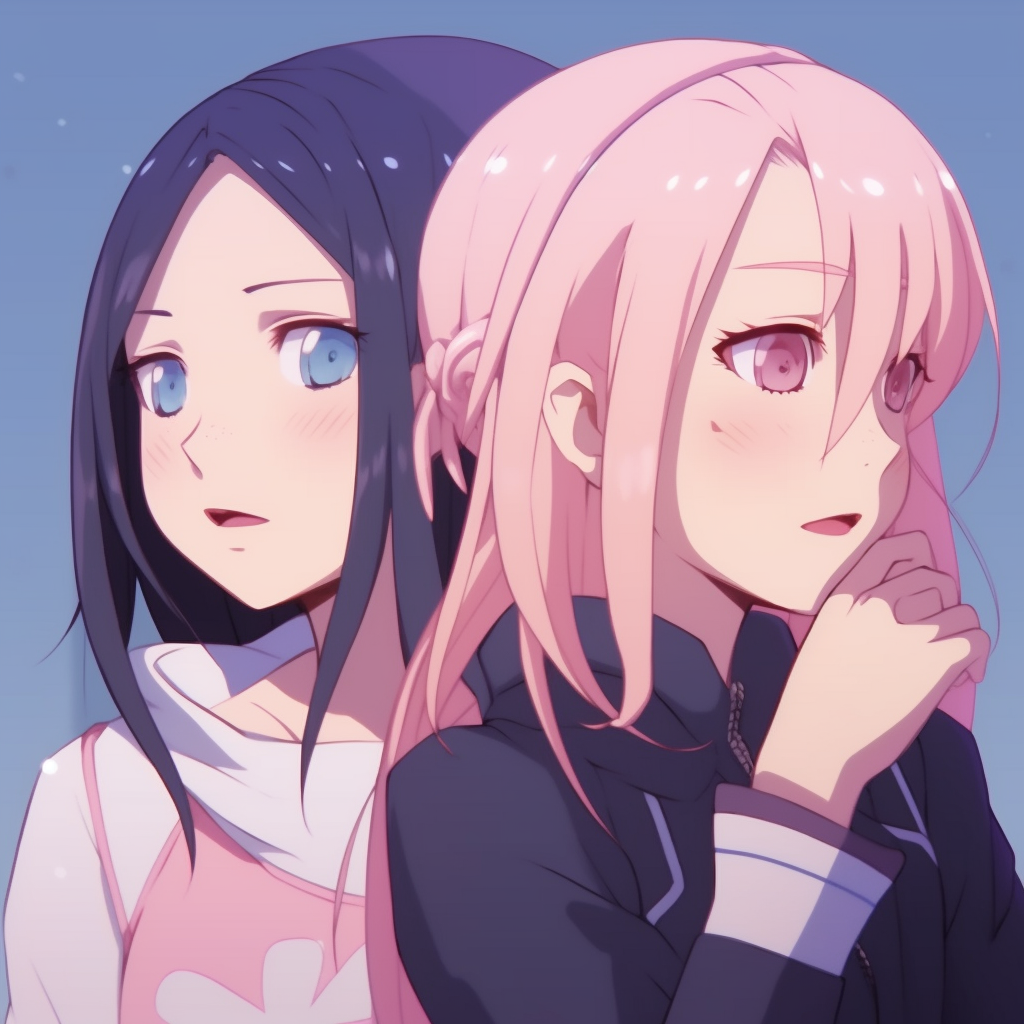 Battle ready poses of Sakura and Ino, dynamic composition and contrasting colors. ideal matching anime pfp for best friends - female
