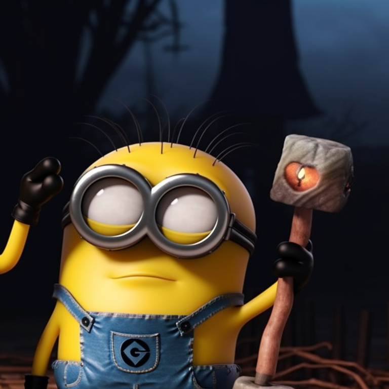 Two cheeky Minion characters in Halloween attire, both making faces at each other with a dark, moonlit background scene. minion halloween theme for matching pfp pfp for discord.