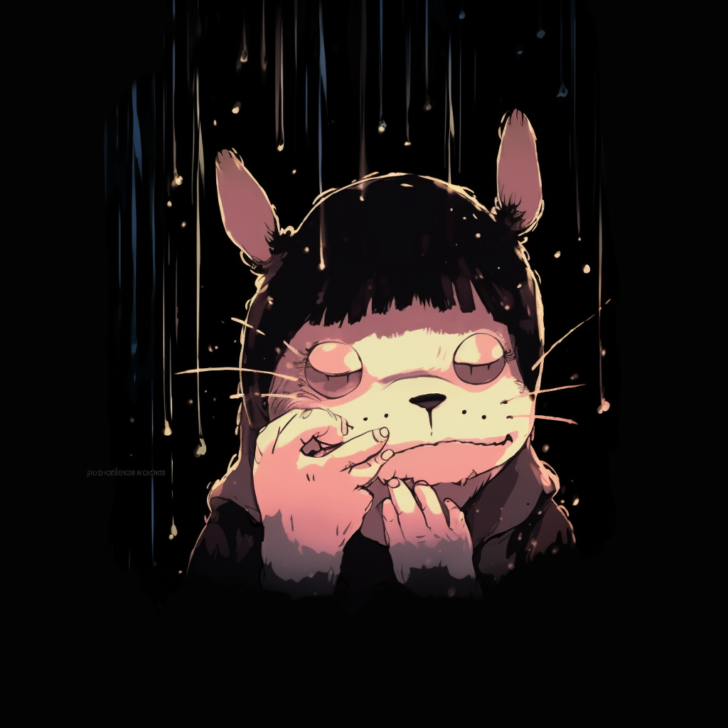 Totoro portrayed amidst midnight giving a grunge vibe, cool colors with intense shadows and highlights. anime inspired grunge aesthetic pfp pfp for discord.