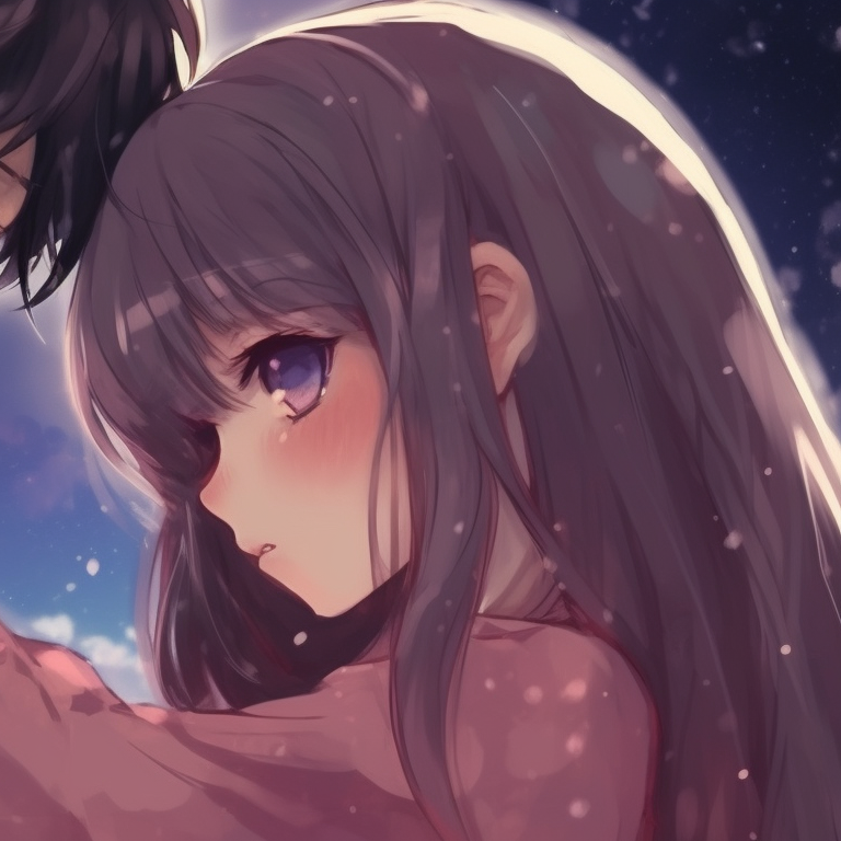 Two characters with starry background, embracing, with soft colors and fluid lines romantic matching anime pfp pfp for discord.