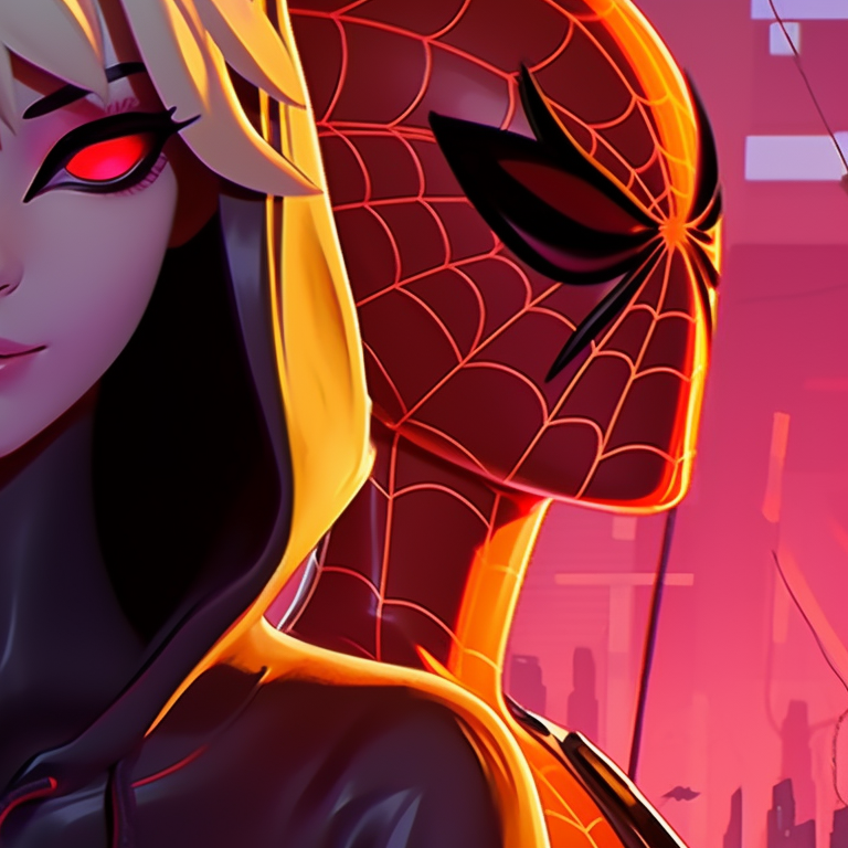 Gwen and Miles in Halloween costumes, combination of warm and cold colors. gwen and miles halloween theme matching wallpapers pfp for discord.