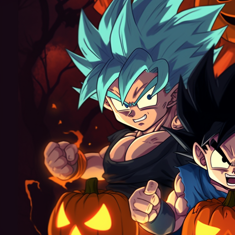 Goku and Vegeta in Halloween-themed attire, striking fighting poses, detailed with bold lines and dynamic colors. goku and vegeta dragon ball halloween theme pfp pfp for discord.