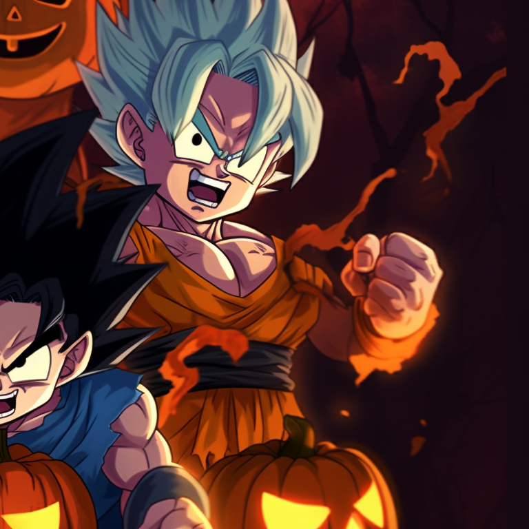 Goku and Vegeta in Halloween-themed attire, striking fighting poses, detailed with bold lines and dynamic colors. goku and vegeta dragon ball halloween theme pfp pfp for discord.