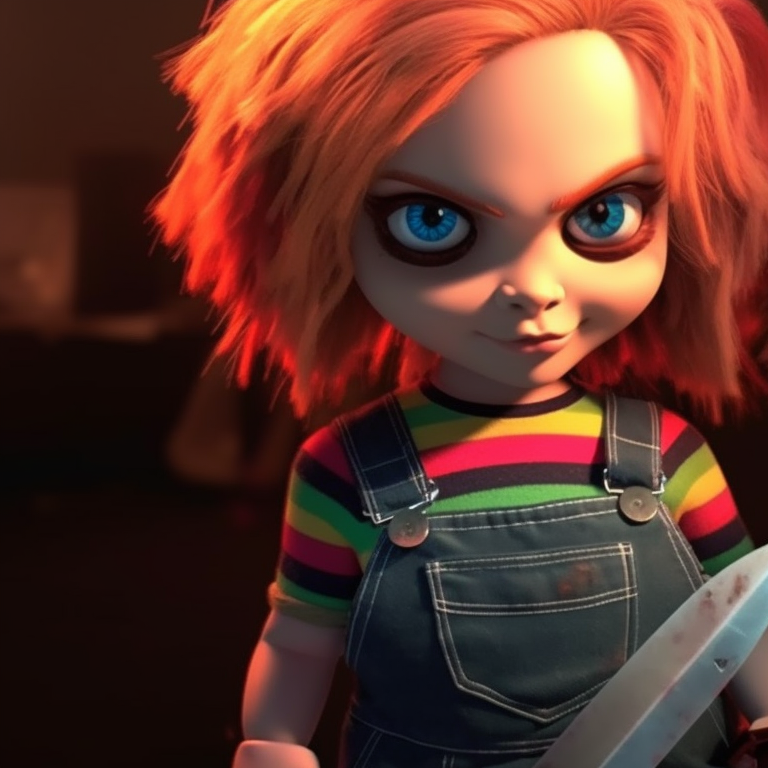 Close-up of Chucky and Tiffany, detailed horror-themed outfits, expressions filled with sinister delight. chucky and tiffany pfp ideas pfp for discord.