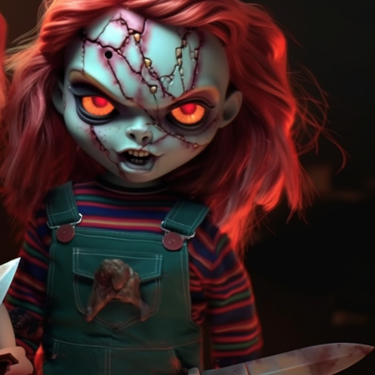 Close-up of Chucky and Tiffany, detailed horror-themed outfits, expressions filled with sinister delight. chucky and tiffany pfp ideas pfp for discord.