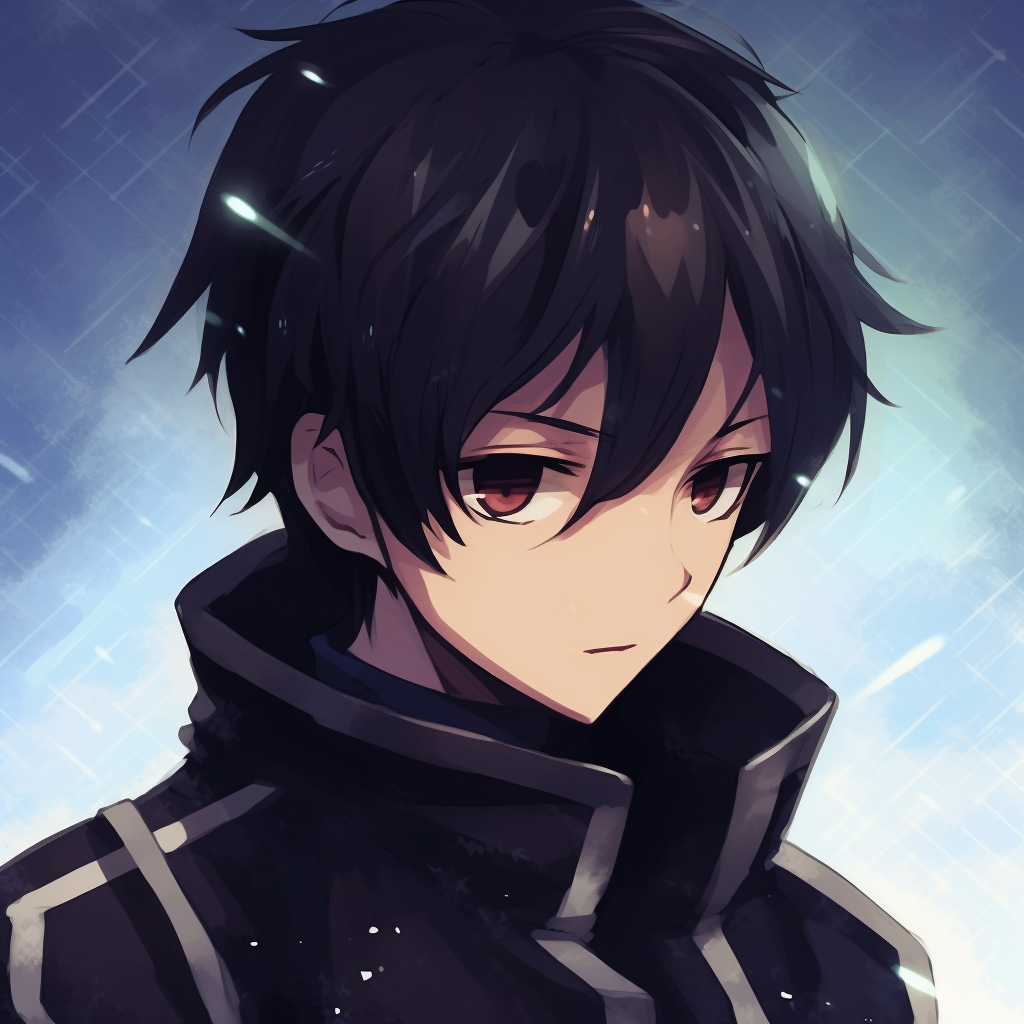 Dynamic portrayal of Kirito ready for battle, energetic lines and vibrant colors. modern anime male pfp pfp for discord.