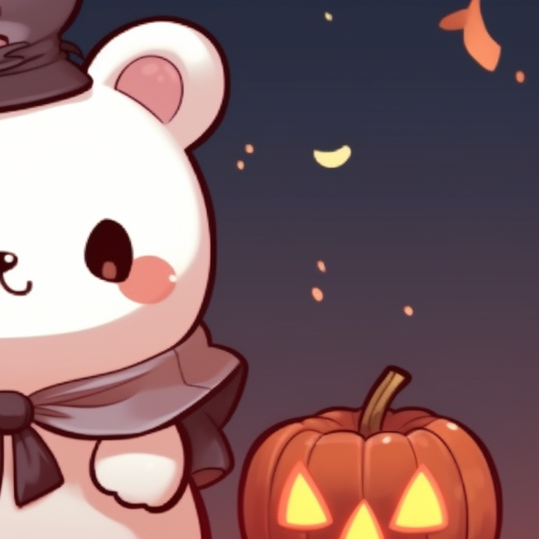 Matching characters under a twilight sky, scattered candy corn and pumpkin details in the background. creative halloween theme ideas for milk and mocha bear matching pfp pfp for discord.