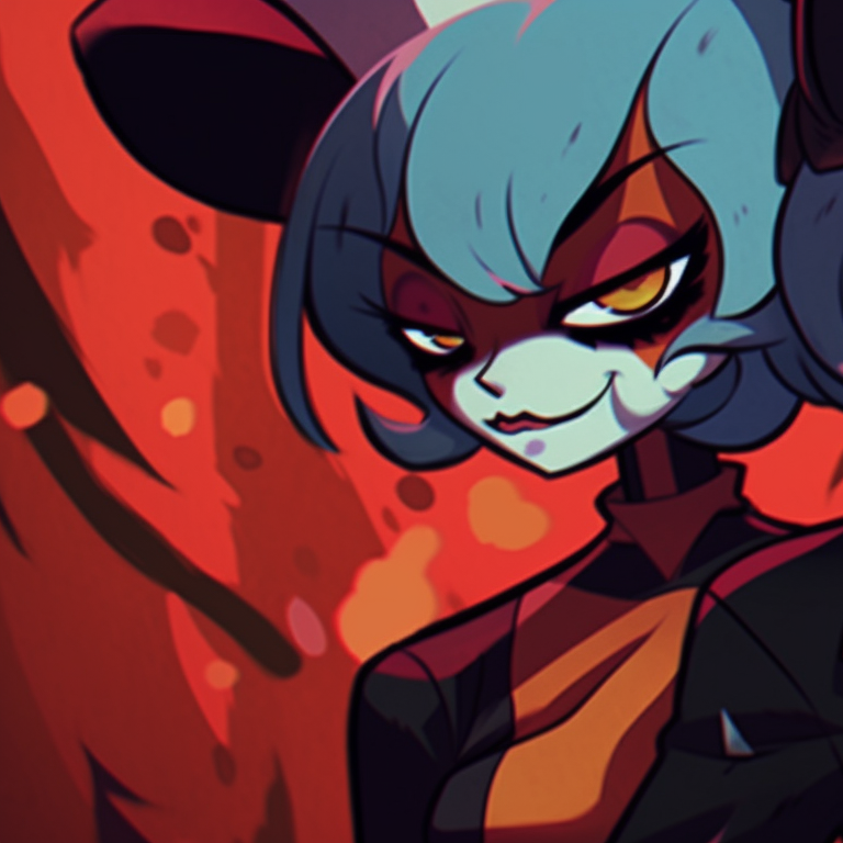 Moxxie and Millie in formal attire, neatly detailed embroidery and bold expressions. creative helluva boss moxxie and millie pfp pfp for discord.