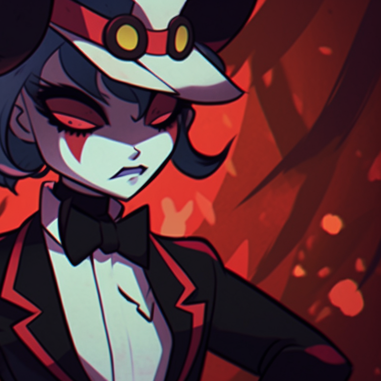 Moxxie and Millie in formal attire, neatly detailed embroidery and bold expressions. creative helluva boss moxxie and millie pfp pfp for discord.