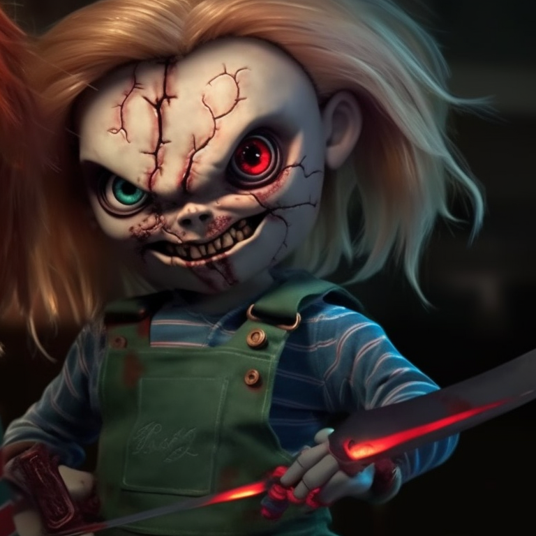 Chucky and Tiffany's faces, interlocking ominous looks, textured background with blood splatters. chucky and tiffany pfp ideas pfp for discord.