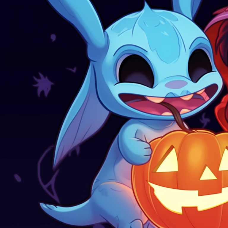 Lilo and Stitch, intricate costumes of witches and ghouls, vibrant backdrops entailing jack-o'-lanterns and full moon. halloween-themed lilo and stitch matching profile pictures pfp for discord.