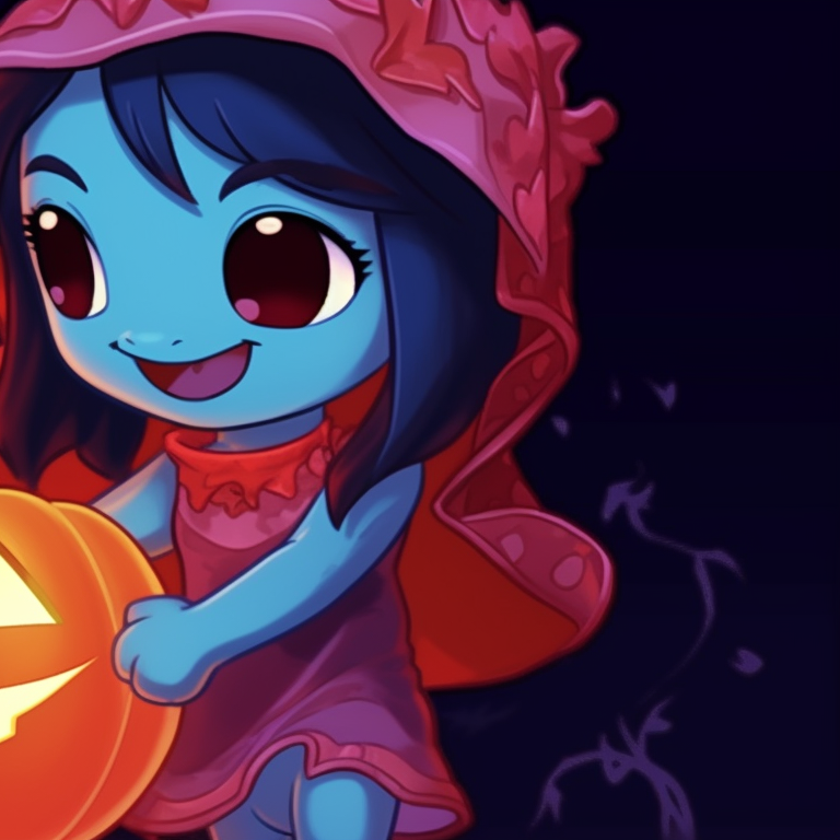 Lilo and Stitch, intricate costumes of witches and ghouls, vibrant backdrops entailing jack-o'-lanterns and full moon. halloween-themed lilo and stitch matching profile pictures pfp for discord.