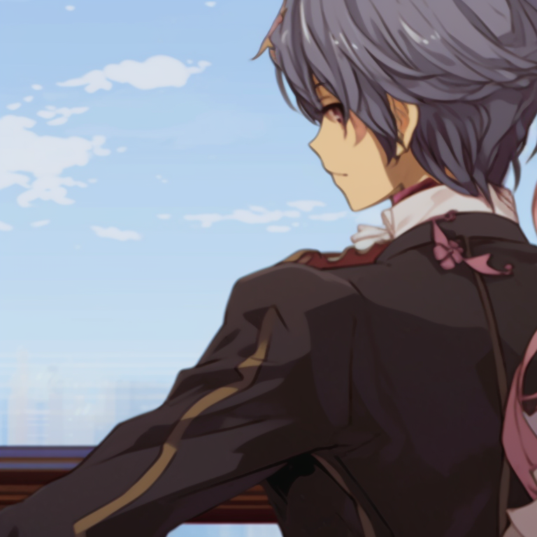 Two characters in royal outfits, pastel hues and intricate details, standing back-to-back. amazing girl x girl matching gif pfp pfp for discord.