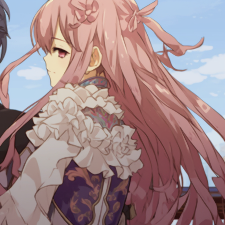 Two characters in royal outfits, pastel hues and intricate details, standing back-to-back. amazing girl x girl matching gif pfp pfp for discord.