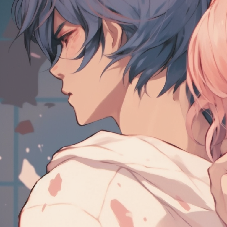 Two characters under an umbrella, watercolor style and muted colors. anime pfp matching of lovebirds pfp for discord.