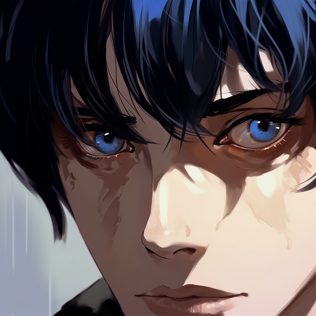 Profile of a male anime character with a mystifying look, sharp lines, and deep colors. pfp anime eyes male art