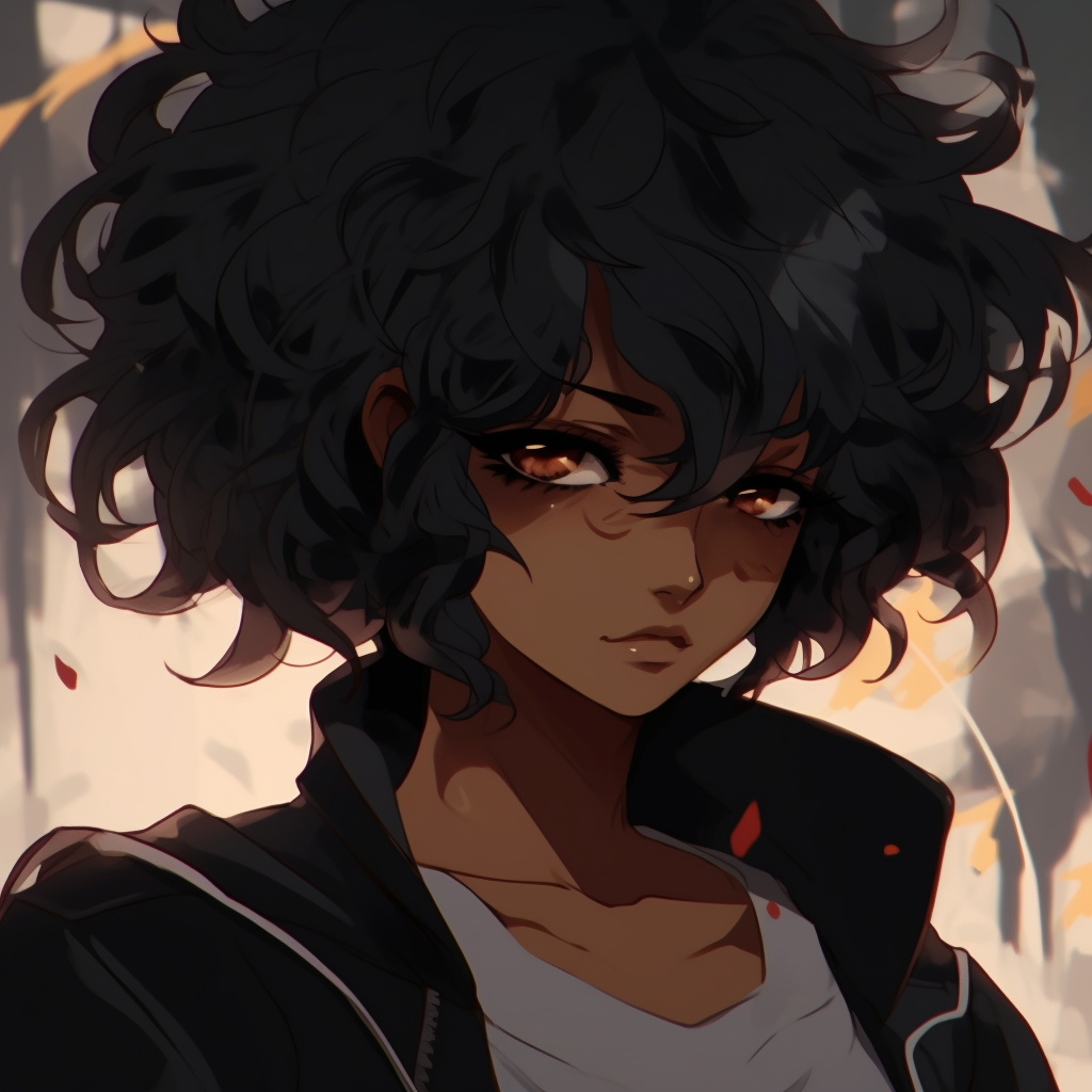 An anime styled black character with a playful look, he is seen wearing a hat, the image is detailed with warm and bold colors. black anime pfp stylesHD, free download